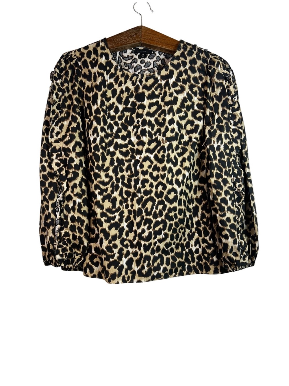 J Crew Woman's Leopard Print Ruffle Puff Long Sleeve Blouse Size M Preppy AS011